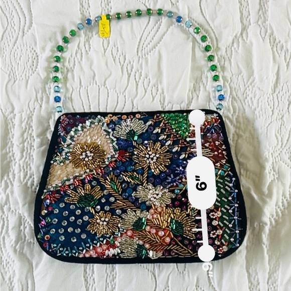 Handmade Beaded Black and Multicolor Flower Design Evening Handbag Clutch Purse - Picture 5 of 5